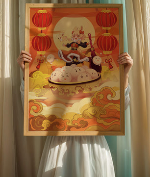 Charming festive fantasy illustration featuring lanterns and playful characters