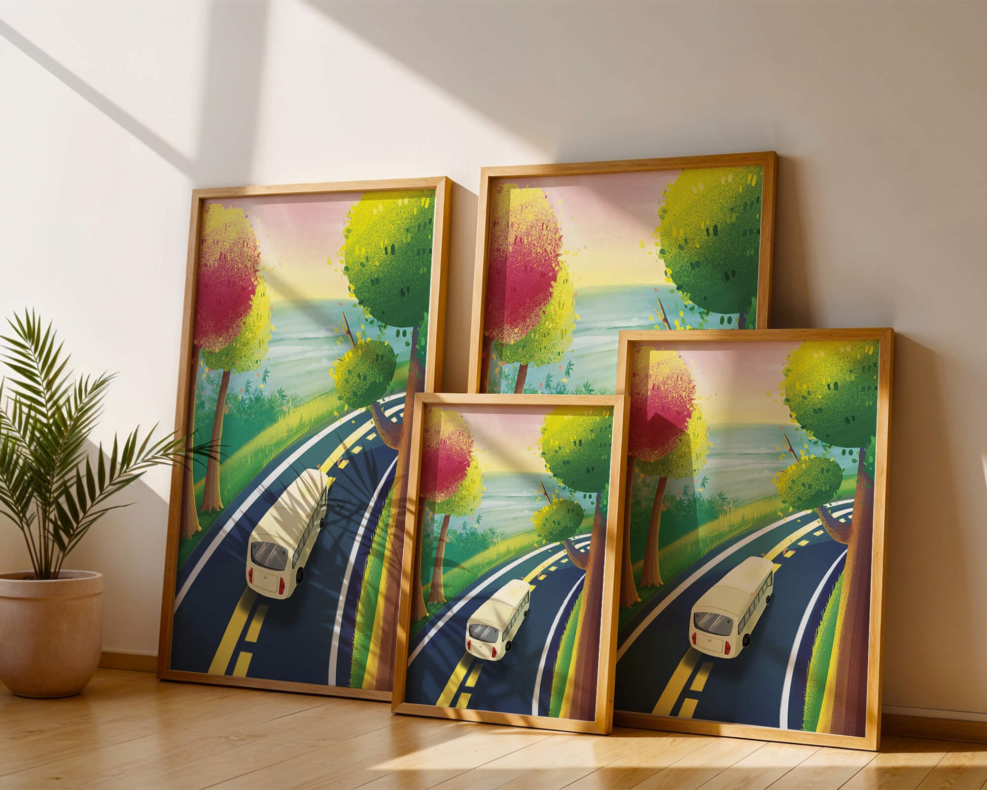 Scenic Road Trip with Vibrant Trees and Sunset