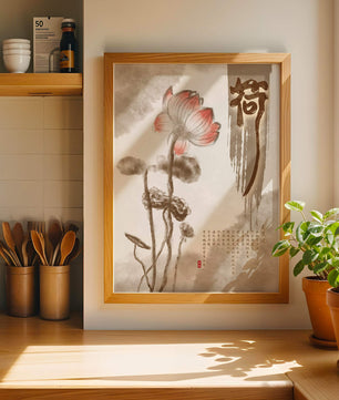 Lotus Flower with Asian Calligraphy in Watercolor Style - Mi tienda