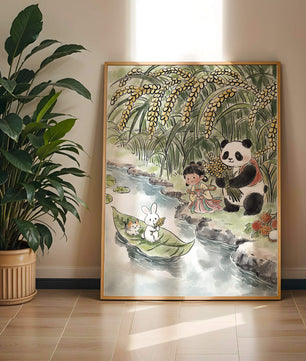 Escena caprichosa con un panda y un conejo junto al río