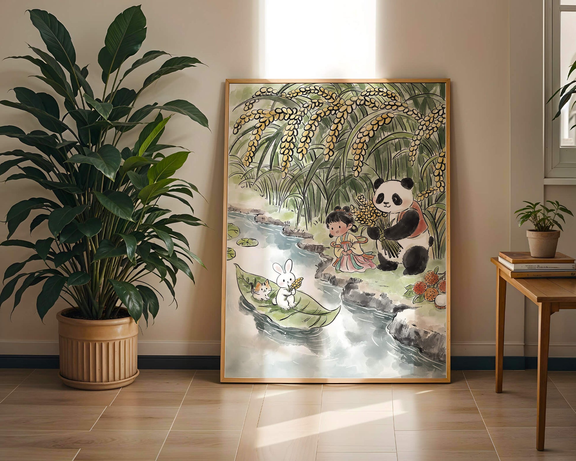 Escena caprichosa con un panda y un conejo junto al río