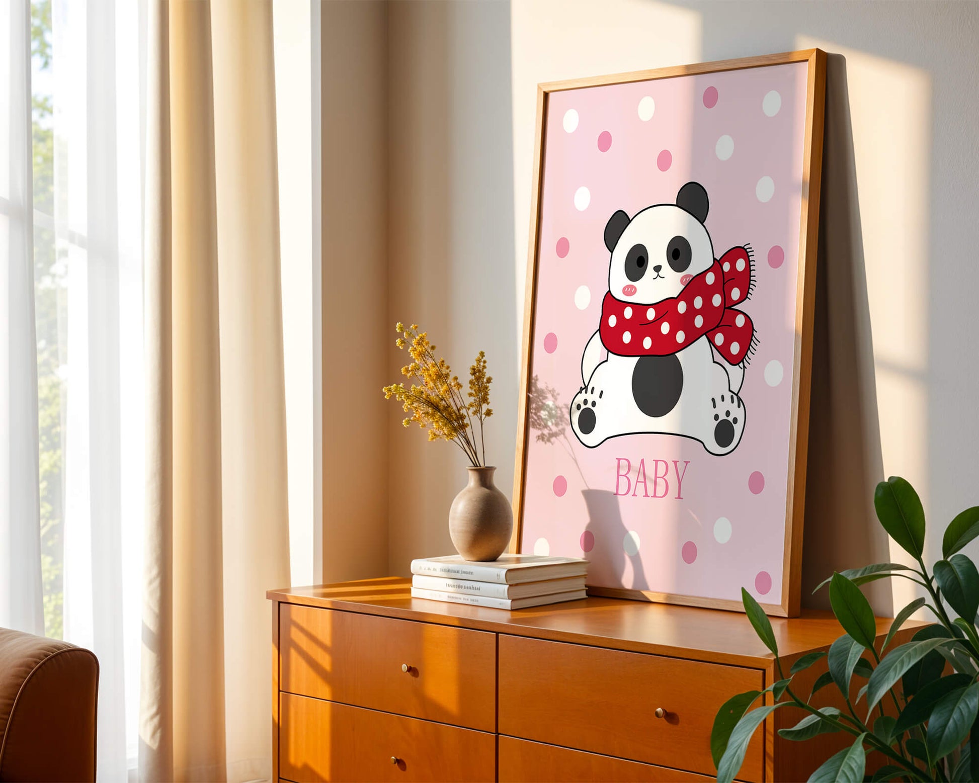 Cartoon panda with red scarf on pink polka dot background