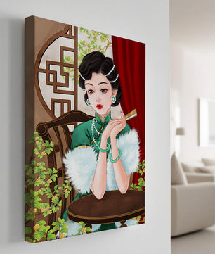 Elegant Woman in Traditional Asian Attire with Floral Background