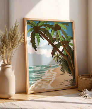 Tranquil Beach Scene with Palm Trees and Sailboats