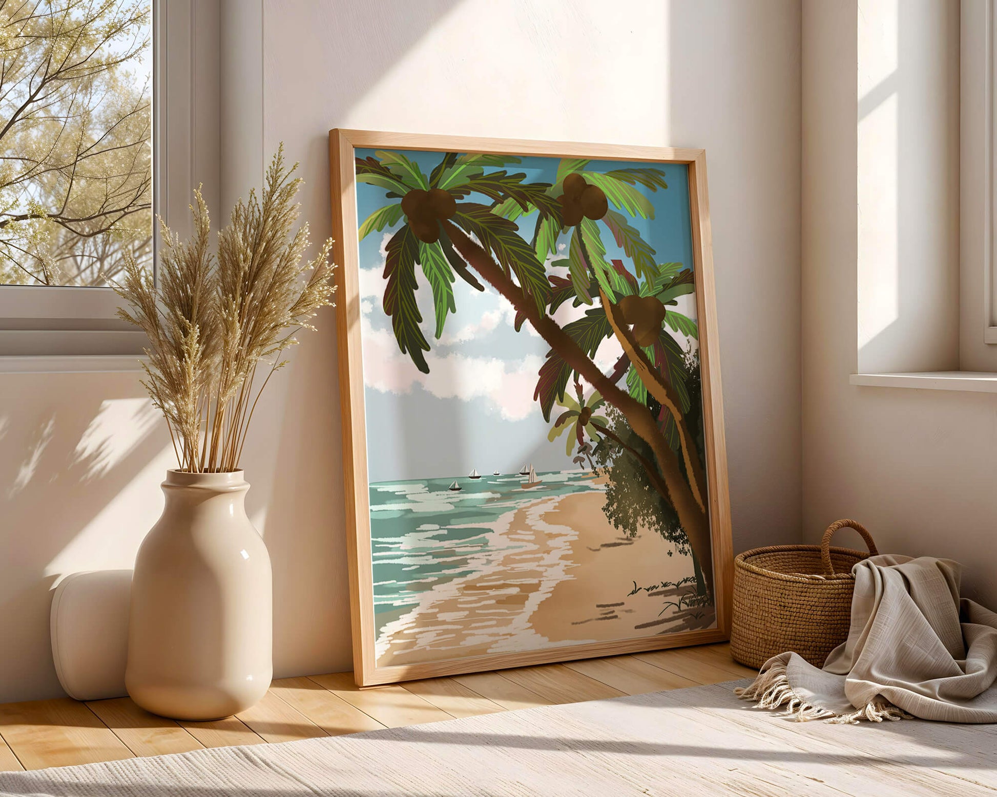 Tranquil Beach Scene with Palm Trees and Sailboats