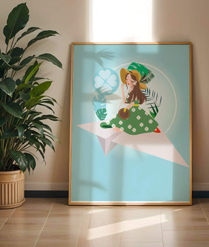 Mujer en un avión de papel con fondo de tema tropical