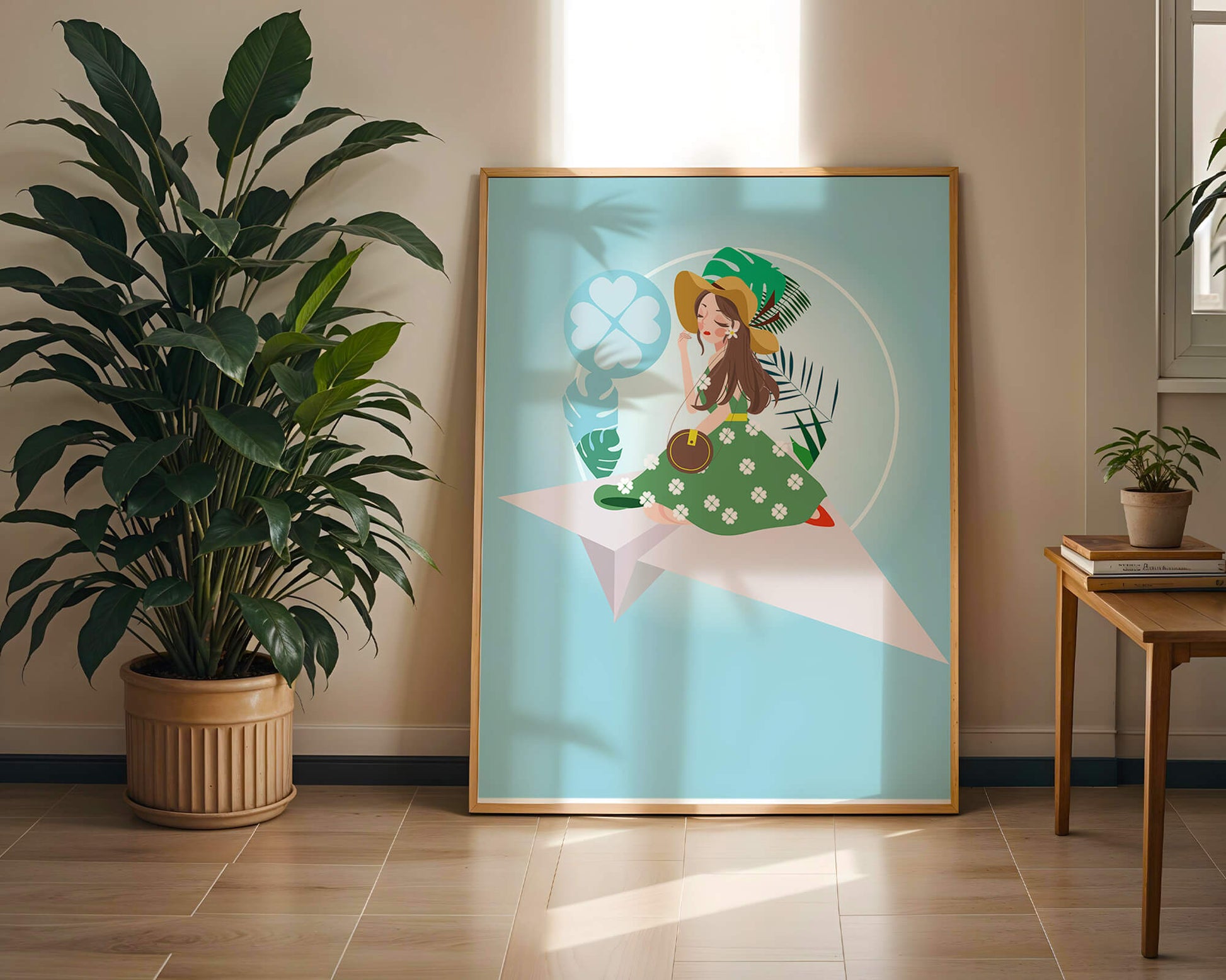 Woman on paper plane with tropical theme background