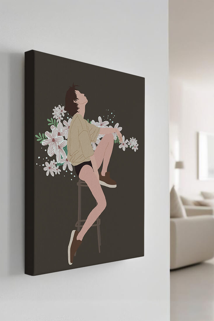 Illustration of a woman sitting on a stool surrounded by flowers