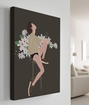Illustration of a woman sitting on a stool surrounded by flowers