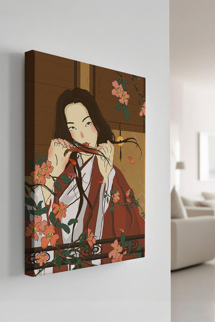 Japanerin spielt Flöte zwischen Blumen in traditioneller Umgebung