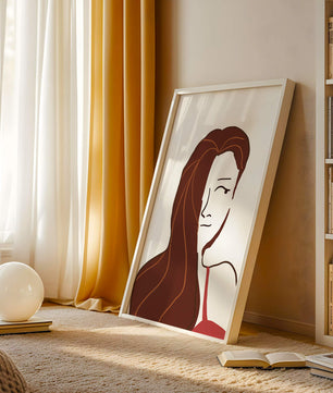 Ilustración estilizada de una mujer con cabello fluyendo y diseño minimalista