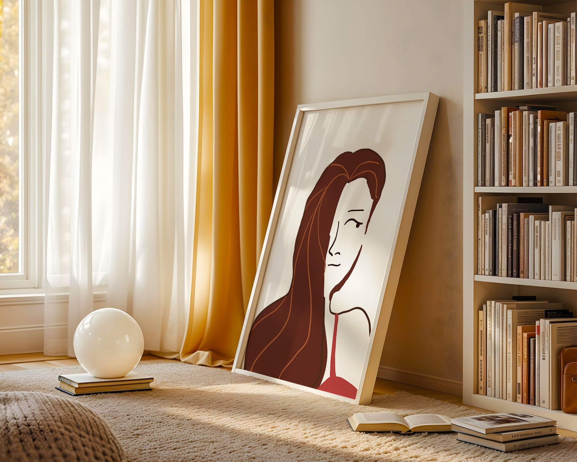 Ilustración estilizada de una mujer con cabello fluyendo y diseño minimalista