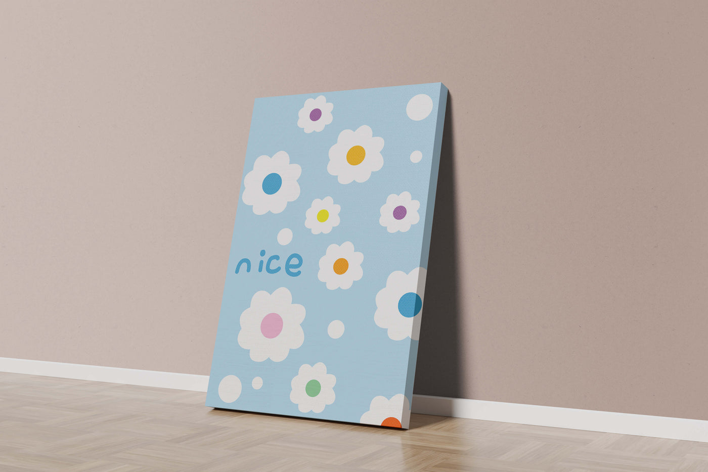 Pastel floral pattern with colorful centers on a blue background