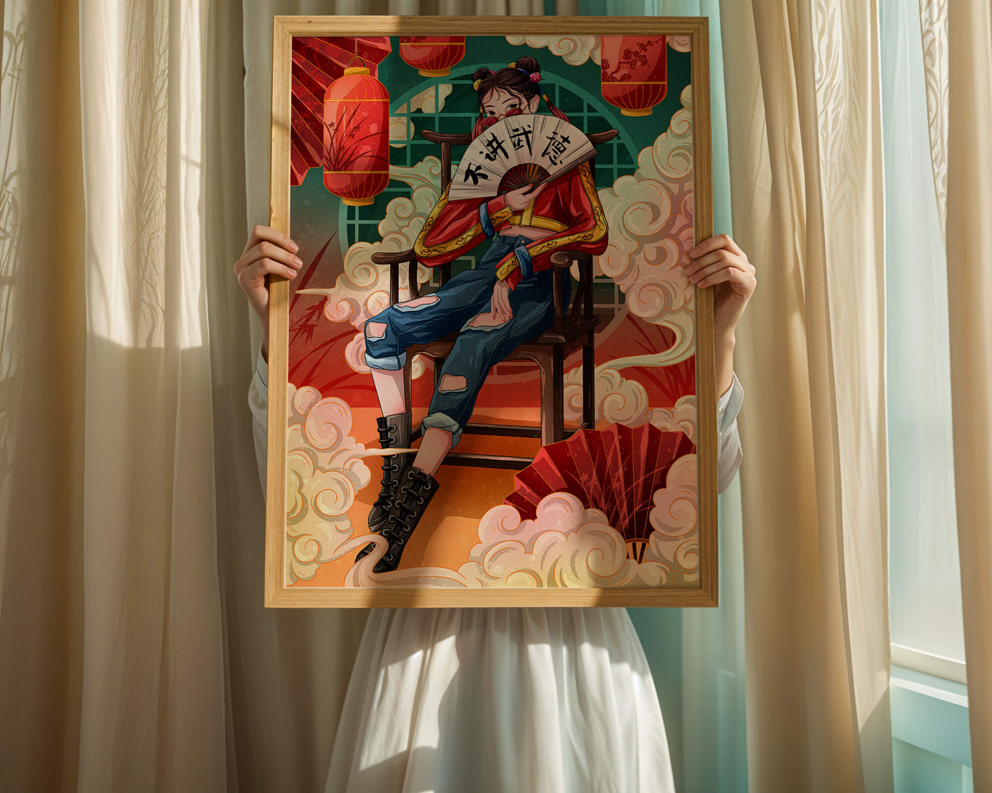 Female character with fan in colorful oriental setting
