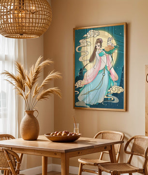 Traditional Asian-inspired artwork featuring a woman and rabbit under a moonlit sky
