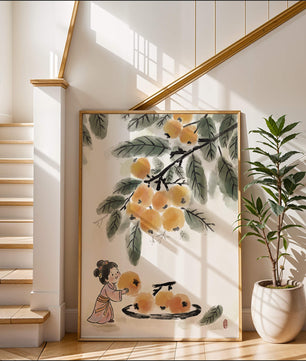 Arte japonés con una niña recogiendo caquis bajo un árbol