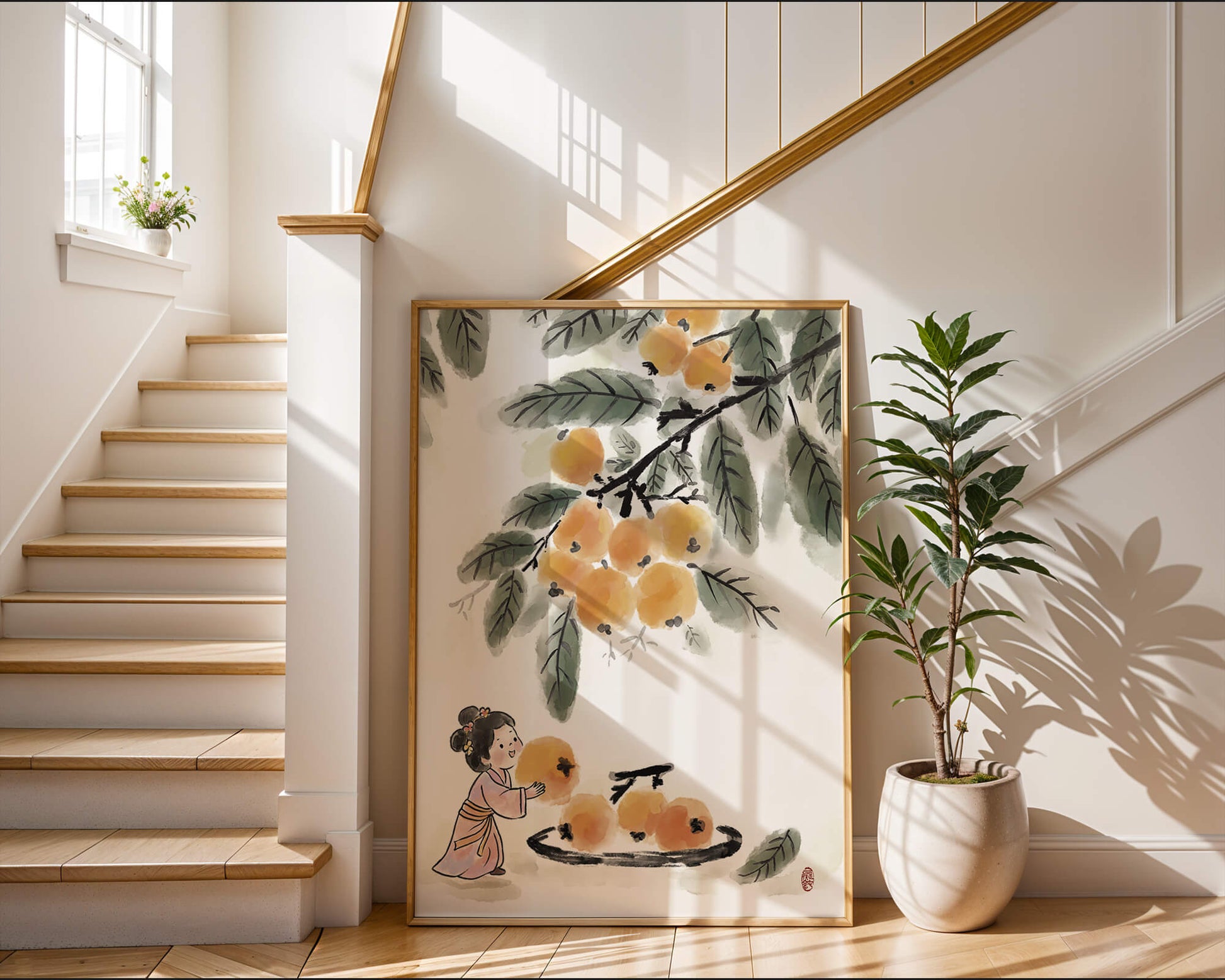 Arte japonés con una niña recogiendo caquis bajo un árbol