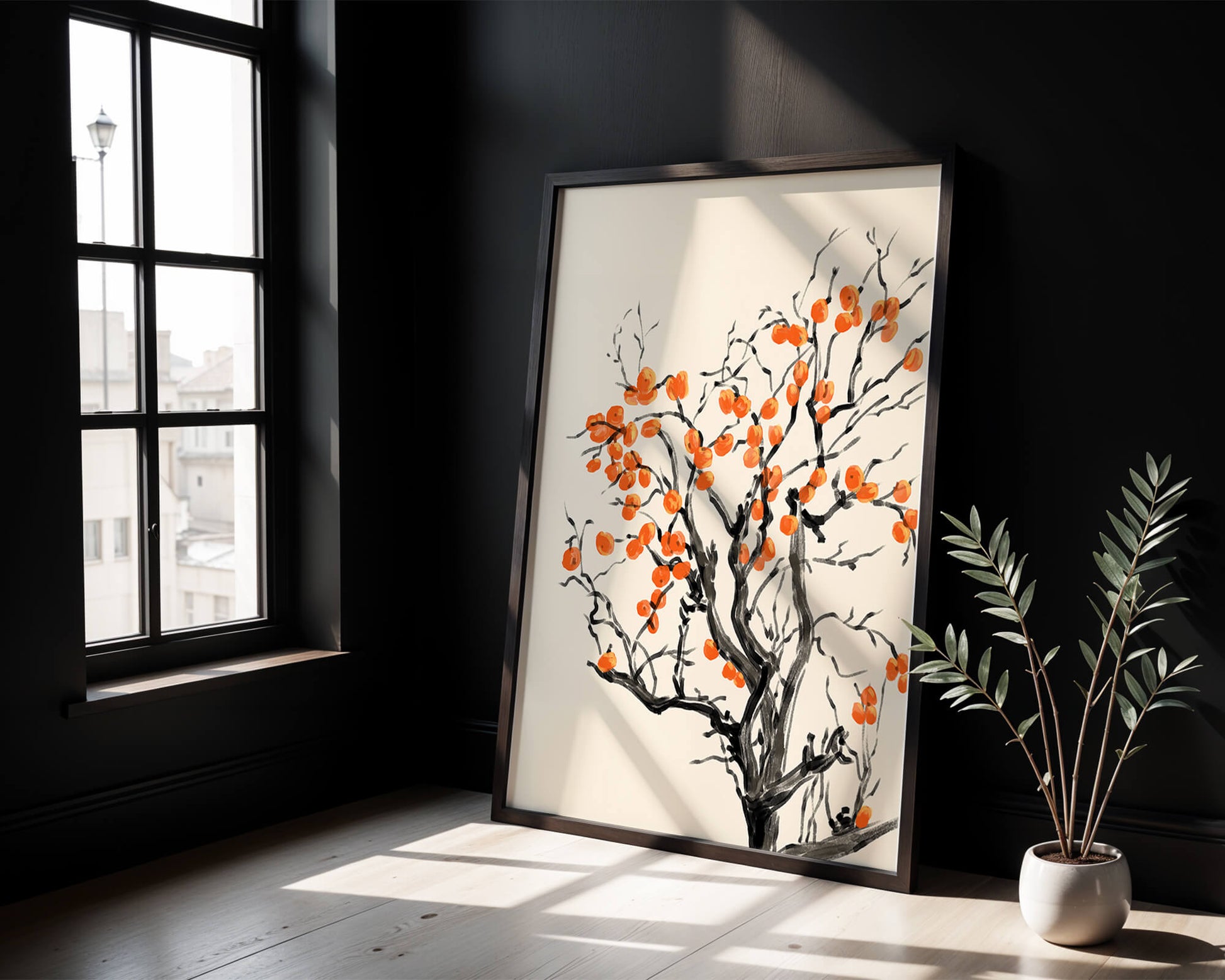 Elegant watercolor tree with vibrant orange fruit