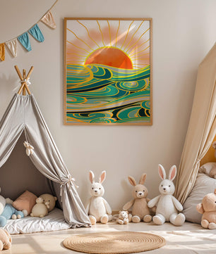 Sunrise over stylized ocean waves with gold accents