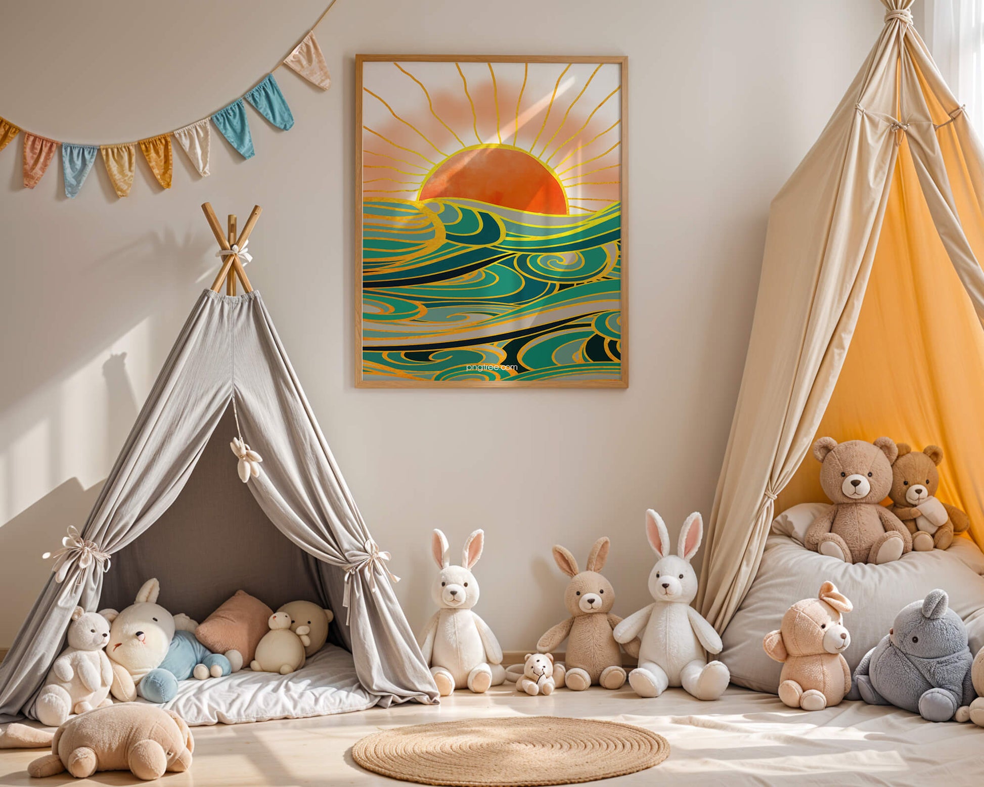 Sunrise over stylized ocean waves with gold accents