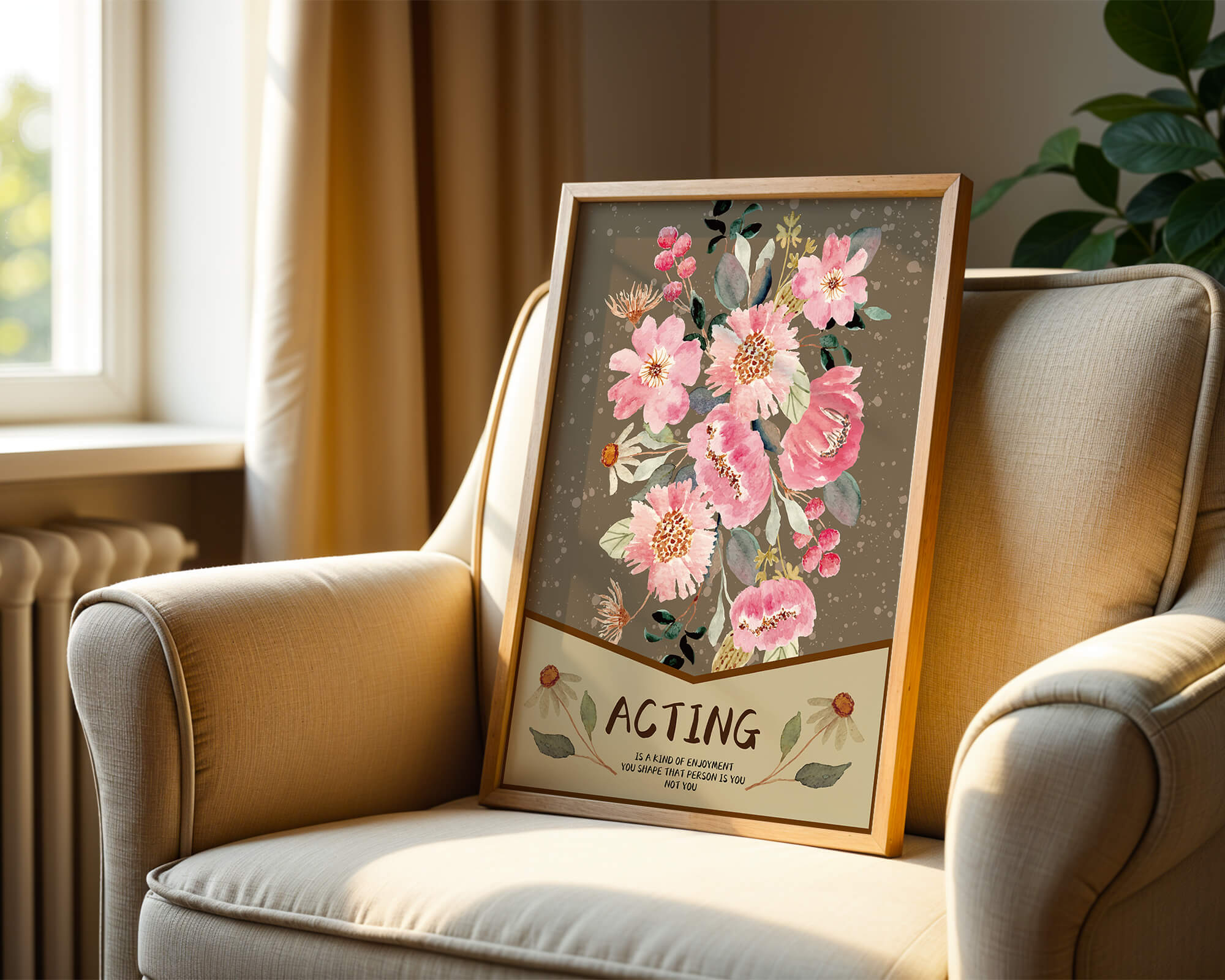 Floral watercolor illustration with motivational text on a brown dotted background