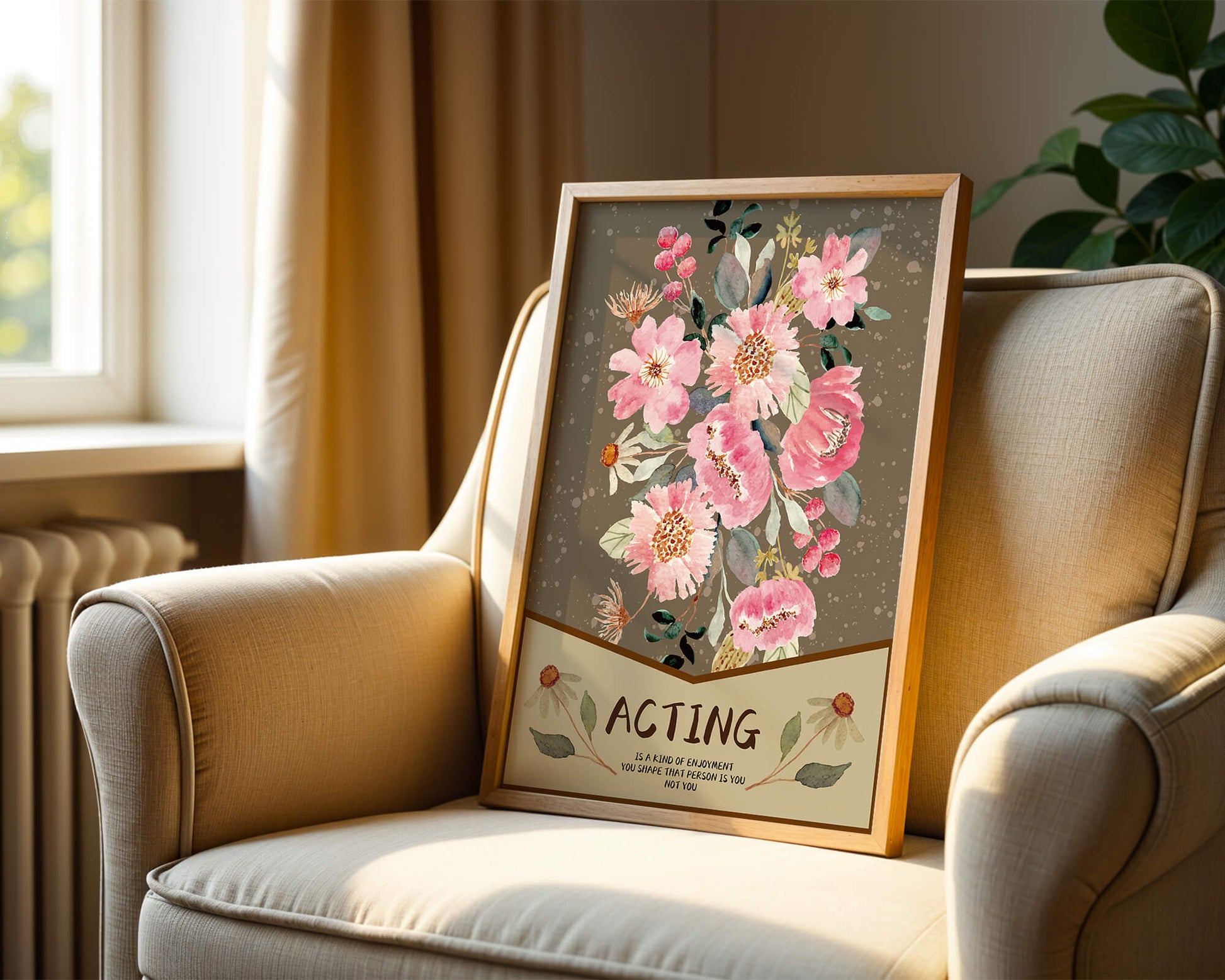 Floral watercolor illustration with motivational text on a brown dotted background
