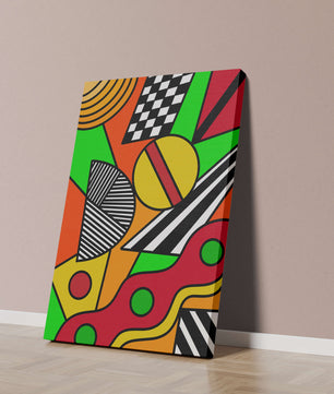 Vibrant geometric abstract artwork with bold colors and shapes