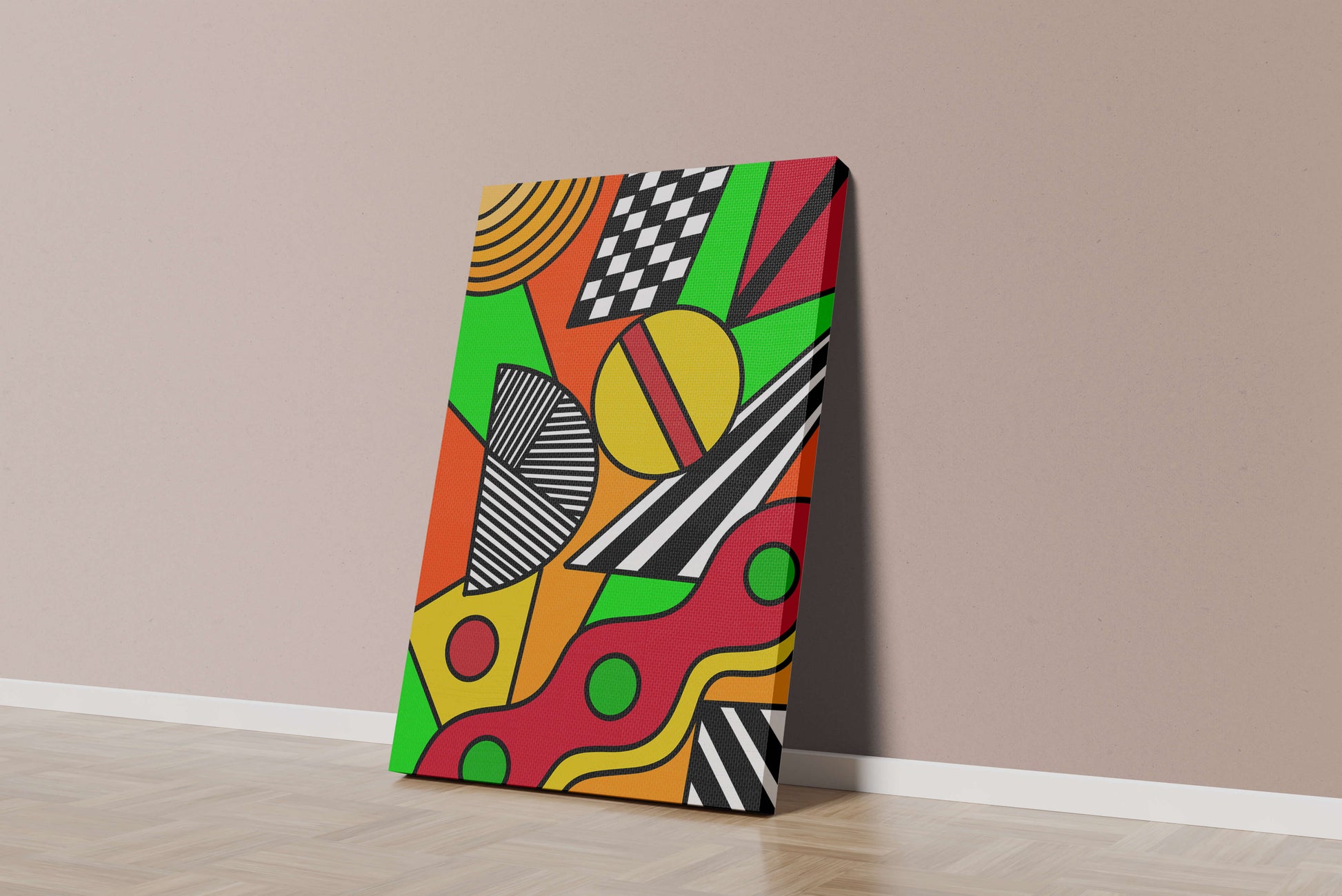 Vibrant geometric abstract artwork with bold colors and shapes