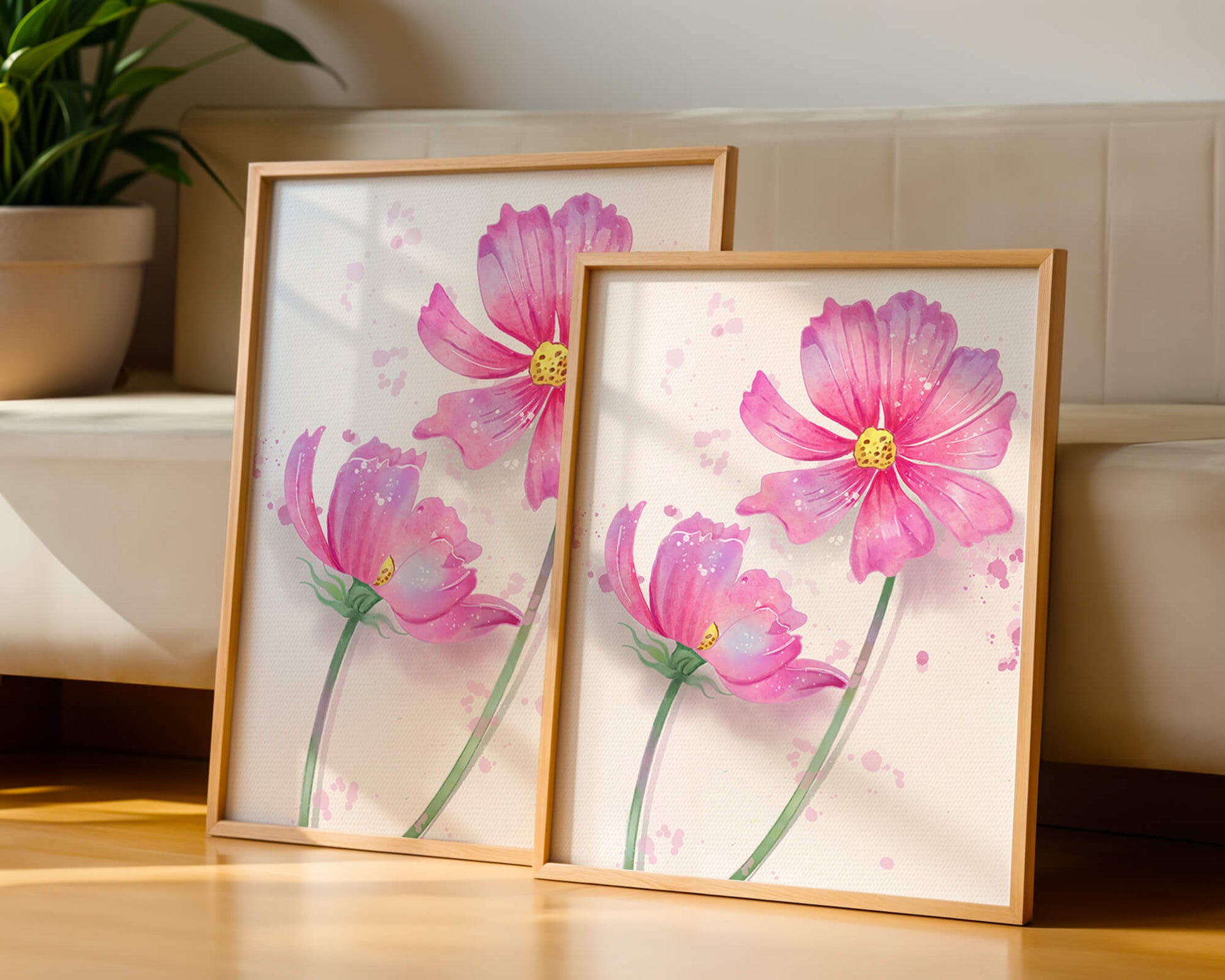 Flores delicadas en acuarela rosada con salpicaduras artísticas en lienzo