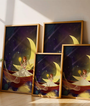Enchanted night scene with a fairy on a crescent moon