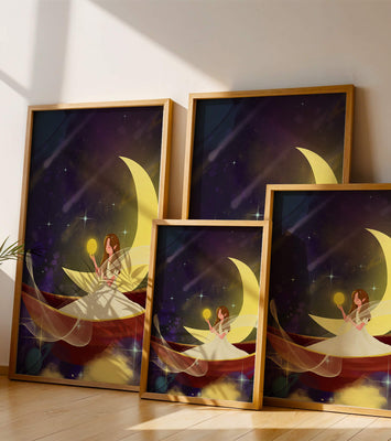Enchanted night scene with a fairy on a crescent moon