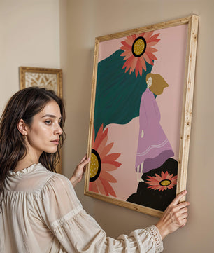 Stylized illustration of woman with vibrant floral elements