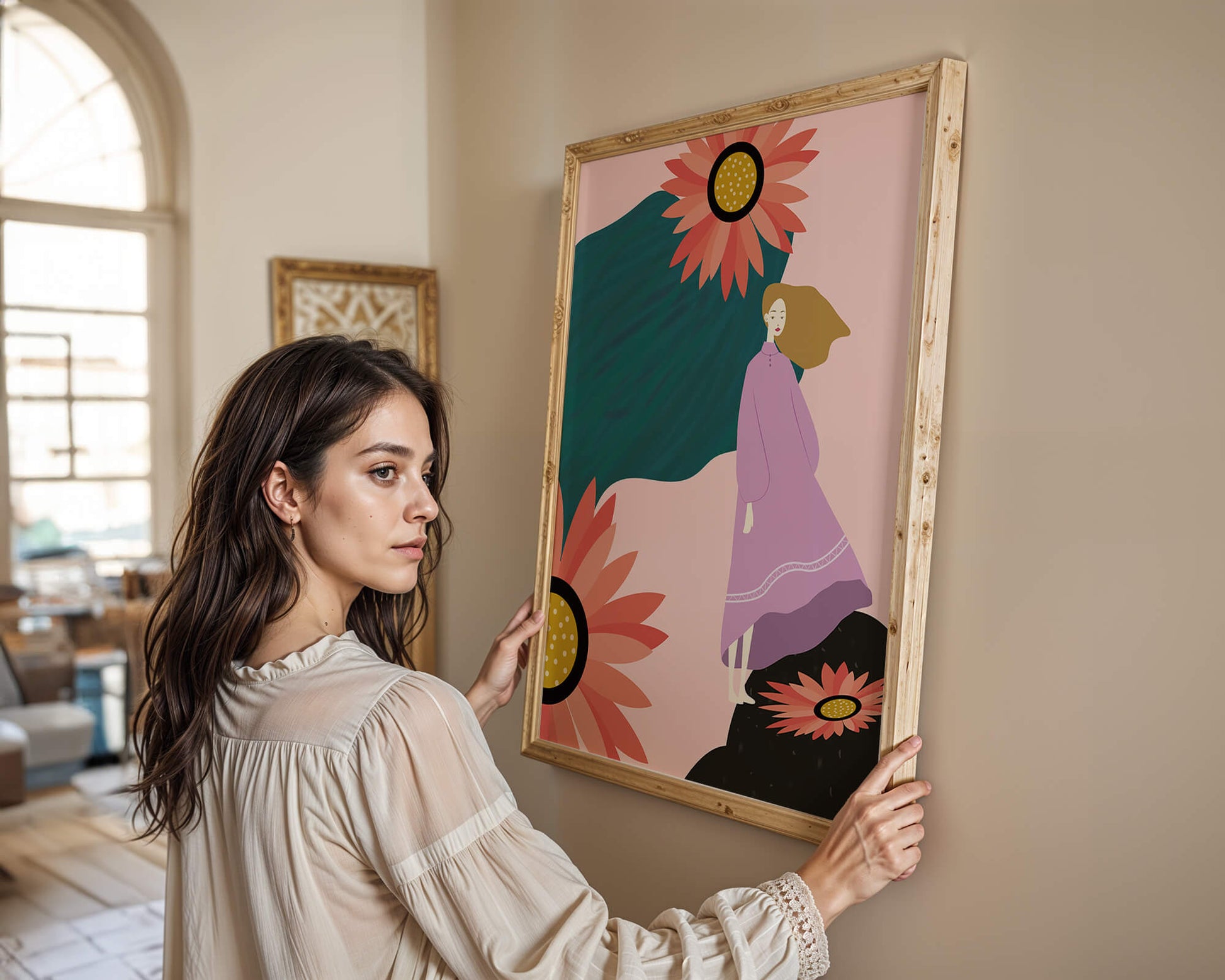 Stylized illustration of woman with vibrant floral elements