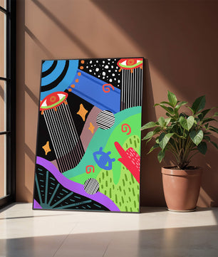 Œuvre d'art psychédélique abstraite colorée avec des formes géométriques et des yeux