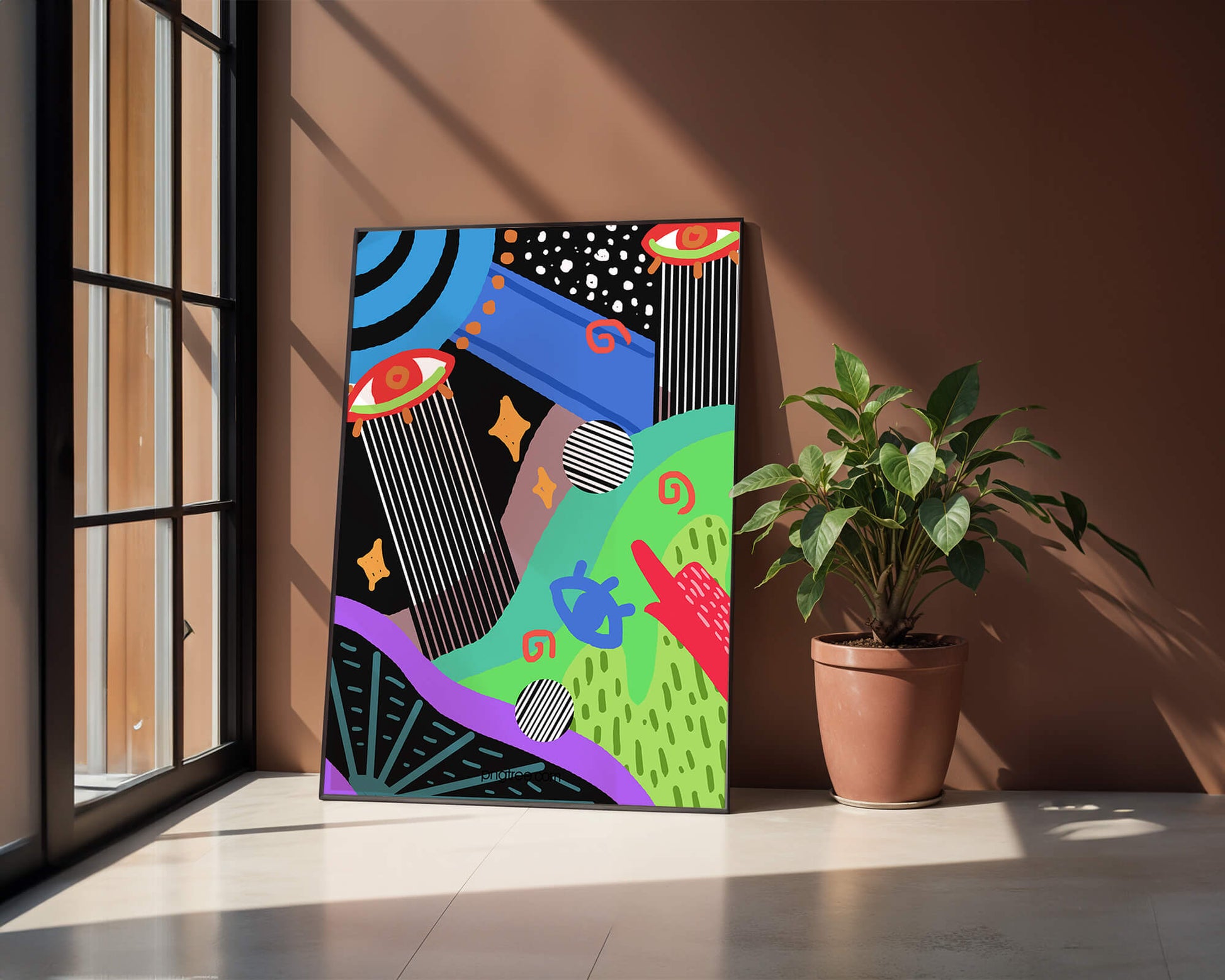 Œuvre d'art psychédélique abstraite colorée avec des formes géométriques et des yeux