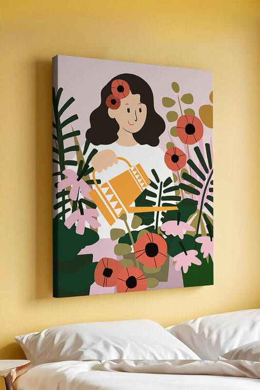 Woman watering plants surrounded by vibrant flowers and greenery