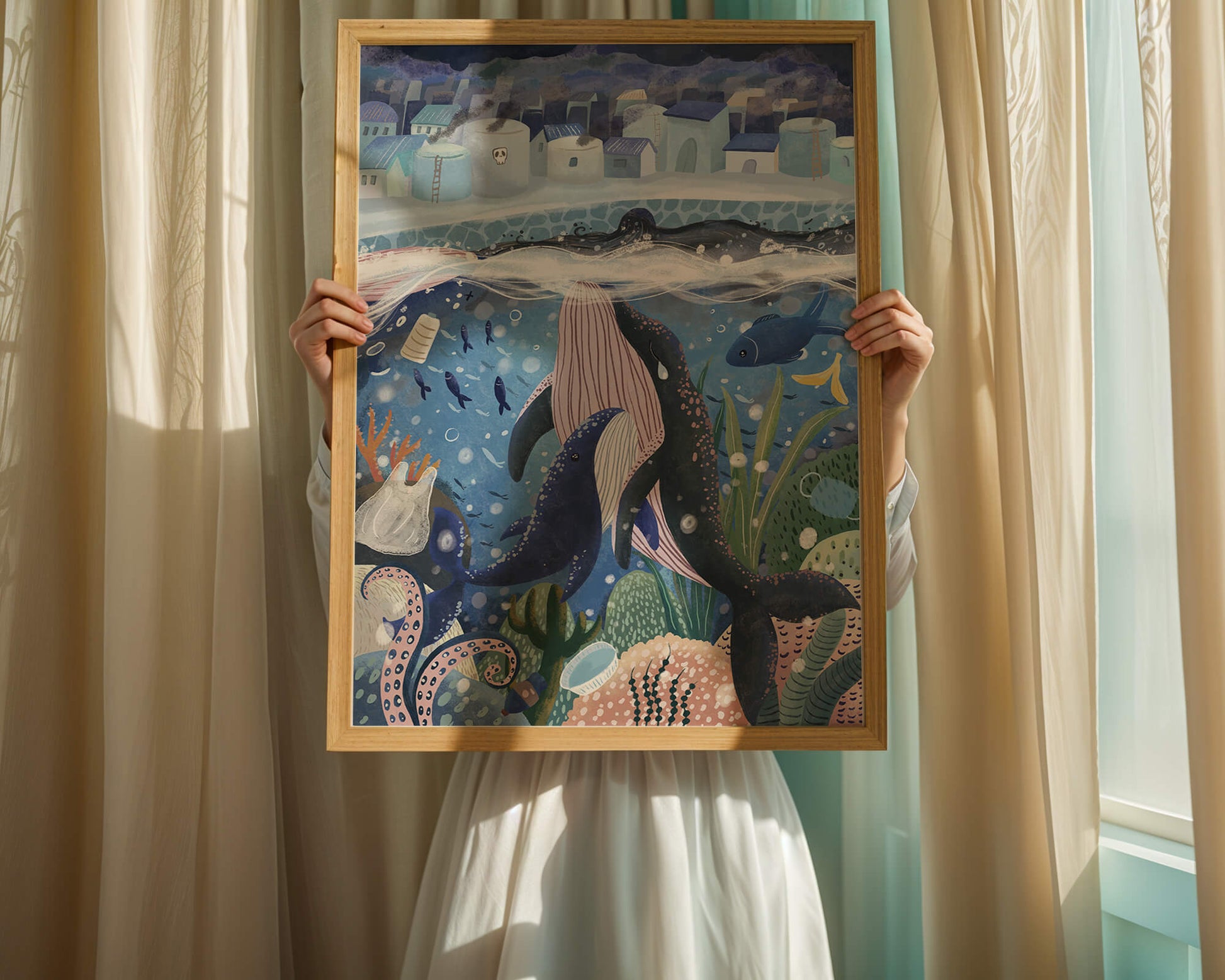 Whimsical Underwater City with Marine Life and Pollution