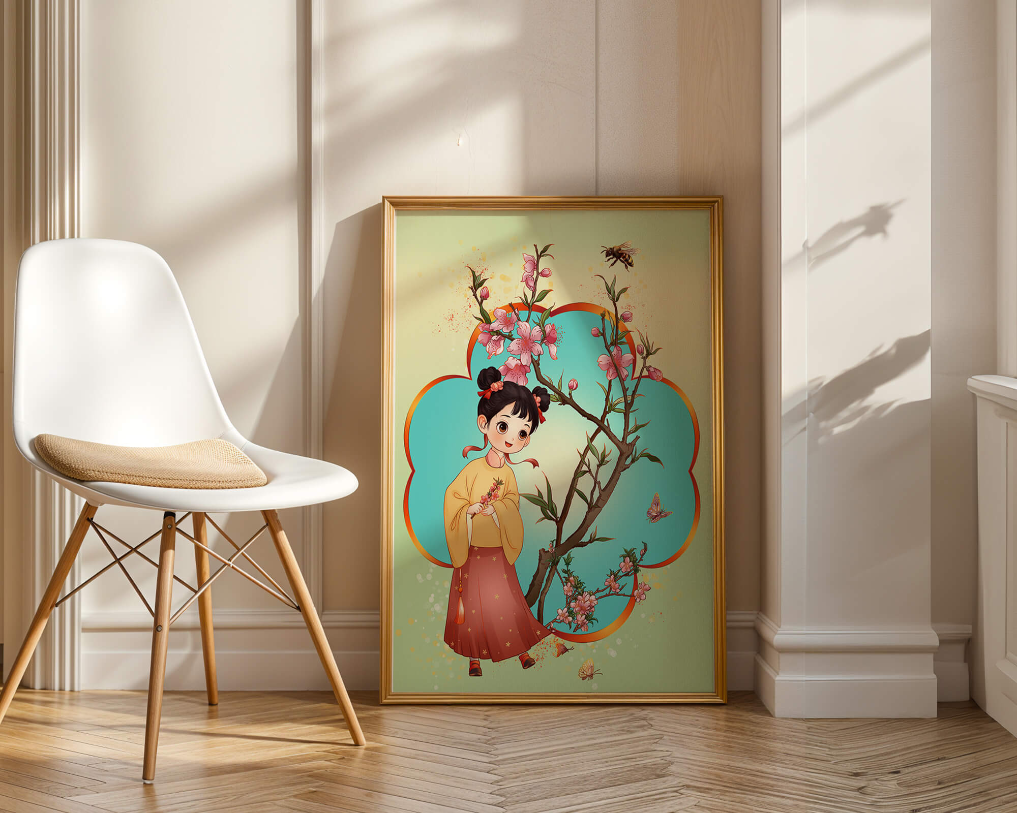 Illustration of a girl with cherry blossoms and butterflies