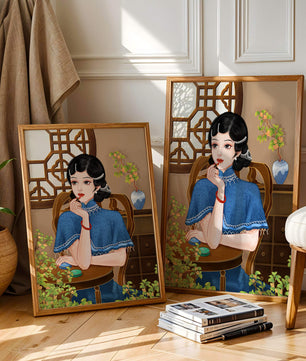 Elegant Woman in Traditional Chinese Setting with Blue Cape and Intricate Decor