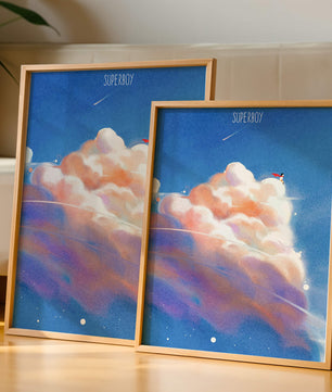 Whimsical illustration of superboy with dreamy cloudscape