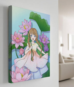 Illustration fantaisiste d'une jeune fille aux cheveux tressés parmi des fleurs de lotus