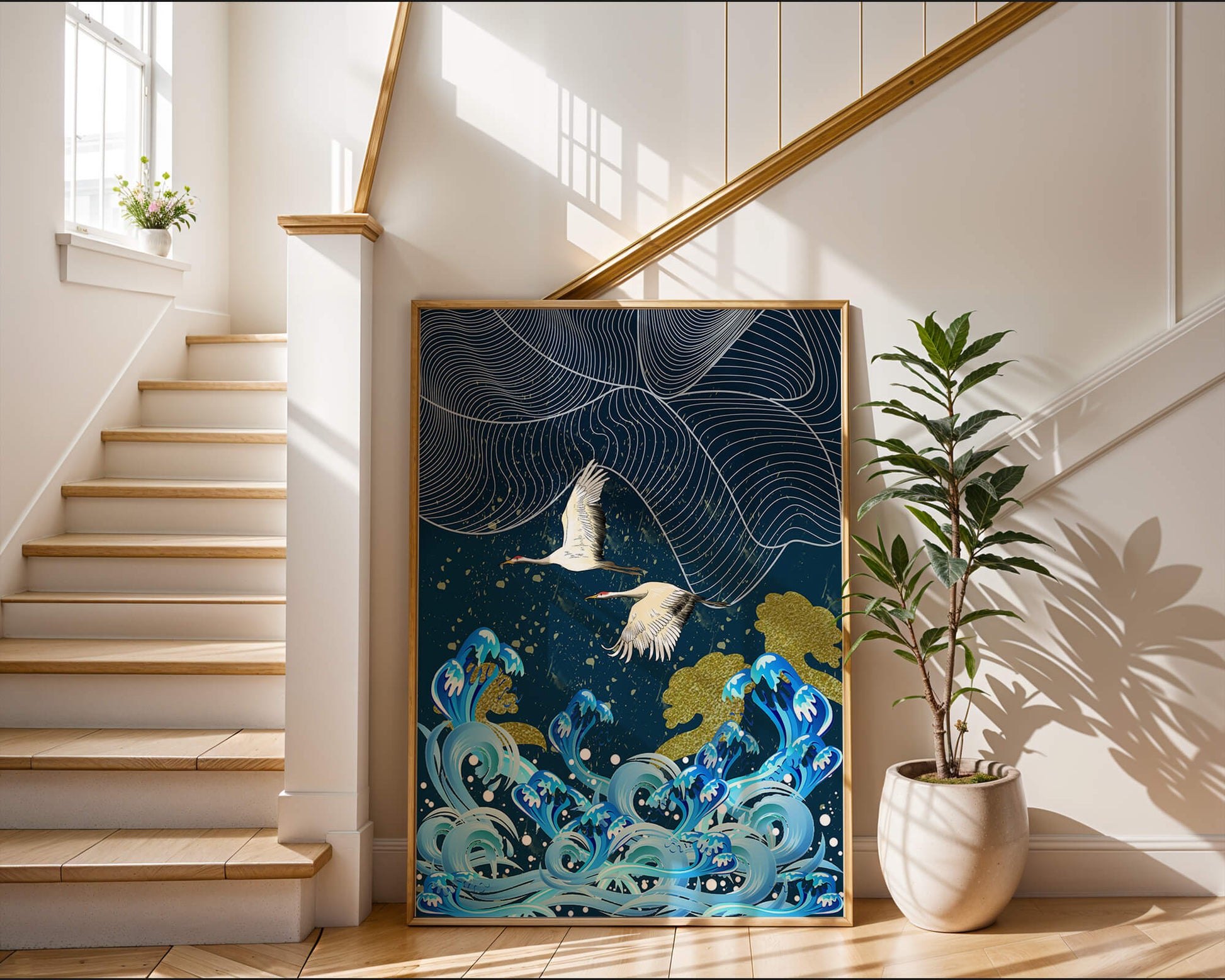Elegant Cranes Flying Over Golden Waves and Artistic Ocean