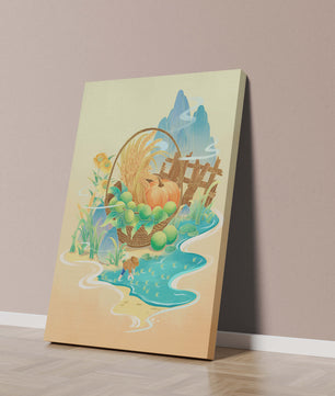 Ilustración con tema de cosecha con una cesta de productos y un fondo panorámico.