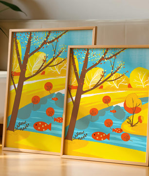 Paysage d'automne coloré avec rivière et arbres vibrants