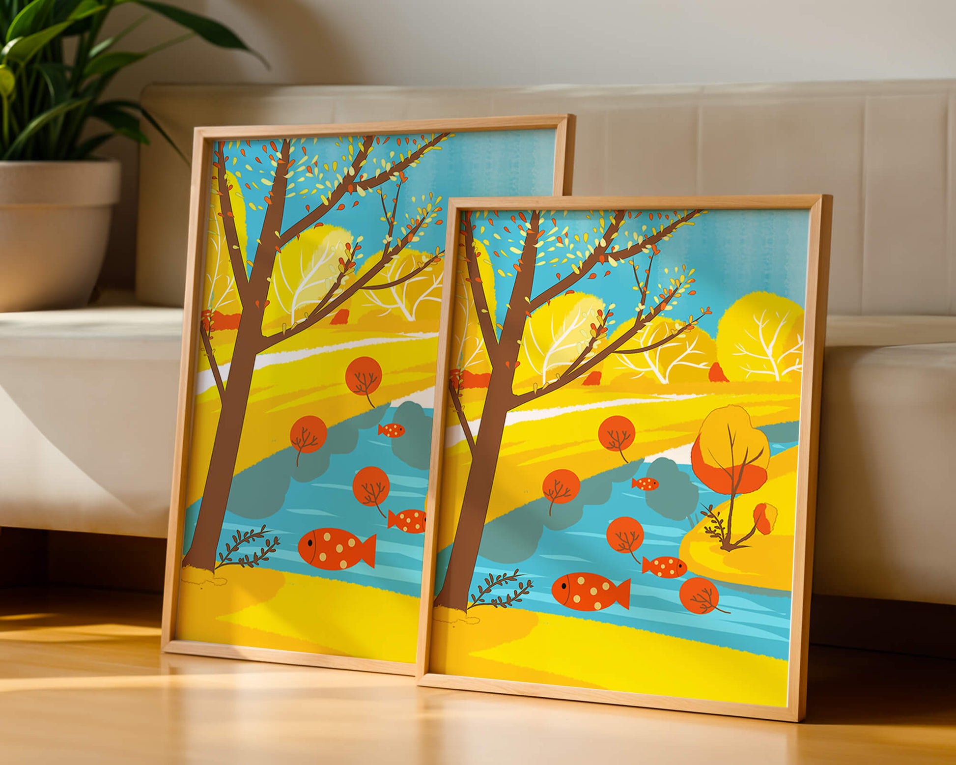 Paysage d'automne coloré avec rivière et arbres vibrants
