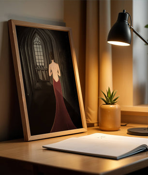 Elegant woman in a red dress inside a gothic hallway