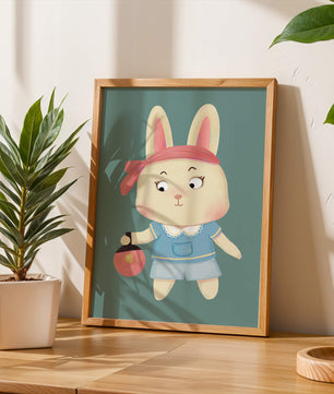Illustration d'un lapin cartoon avec un bandeau et un sac rond