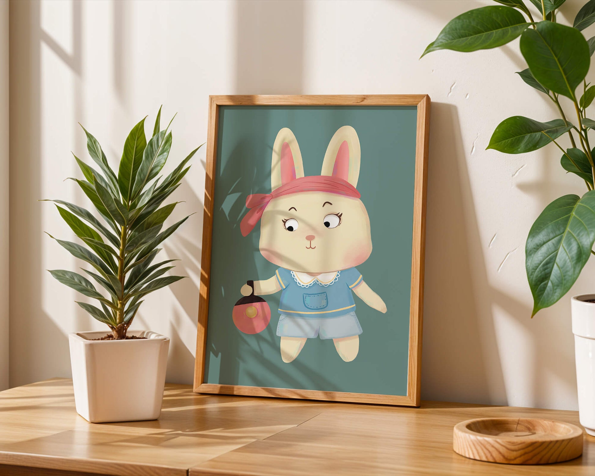 Illustration d'un lapin cartoon avec un bandeau et un sac rond