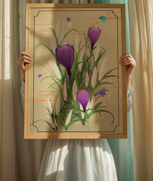 Elegant Crocus Flowers with Butterflies in a Delicate Frame