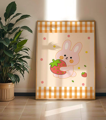 Adorable bunny holding strawberry illustration with gingham pattern